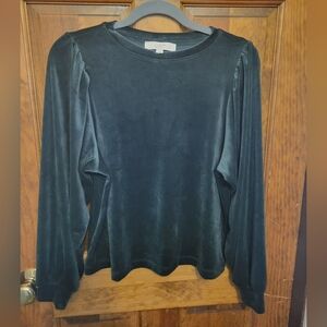 LOFT Velour Small Emerald Green Top Slight Puff Sleeve